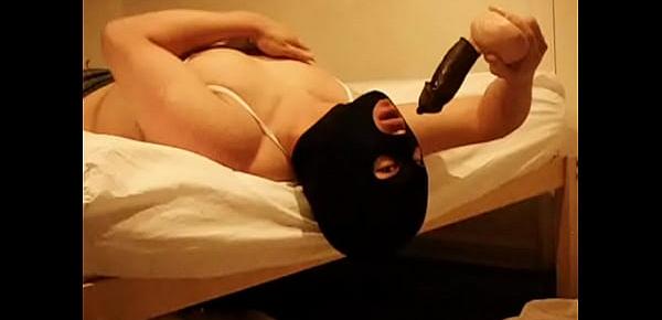 Masked Asian sissy-boy transvestite face-fucking, gagging on dildo & jacking off